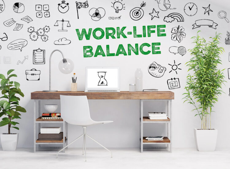 White room with 'Work Life Balance' Written on the Wall in Green