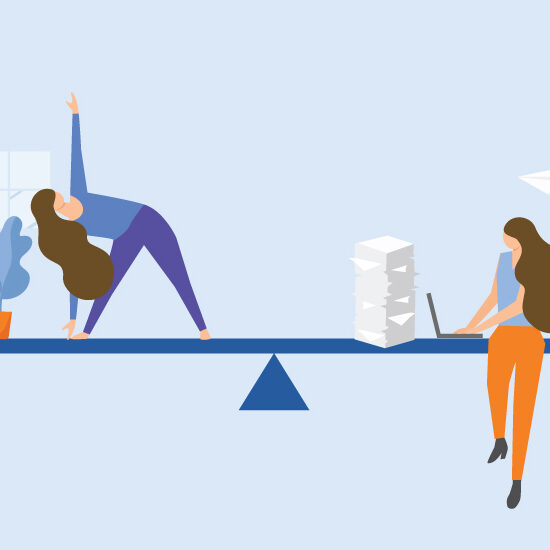 Two women balancing on a scale, one is doing yoga and one is working on a laptop.
