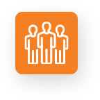People standing together in a group shown within orange square signifying satisfaction