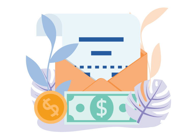 Envelope surrounded by money with a check inside on a white background