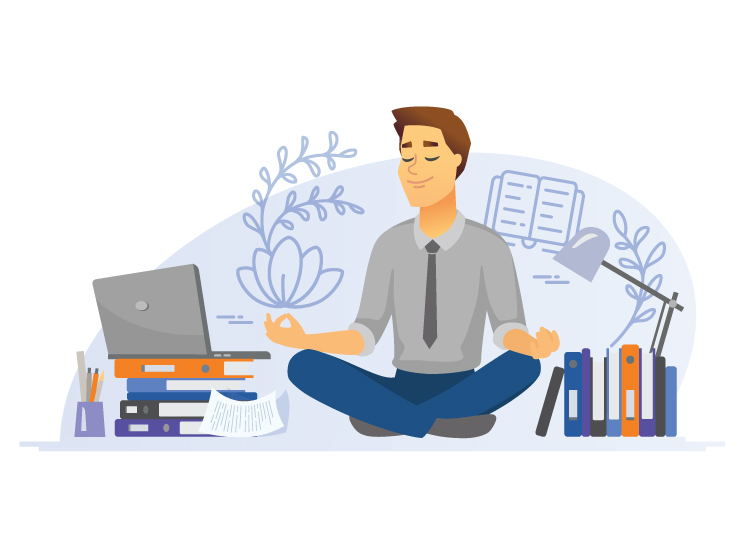 Employee meditating while working at home clipart