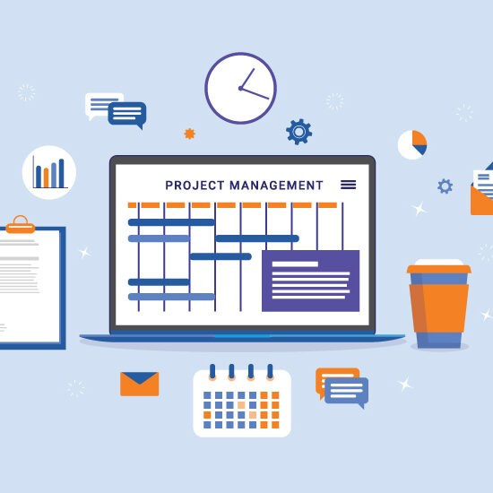 project management system illustration on a blue background