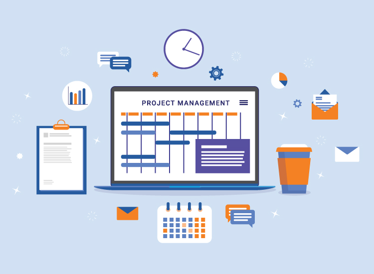 project management system illustration on a blue background