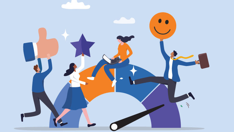 A group of employees expressing their feelings of engagement within their company.